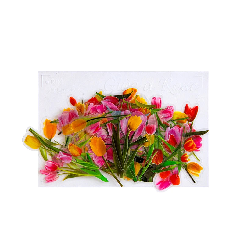 100pcs Flowers Sticker pack Rose Tulip Daisy Transparent Waterproof Plant hand account Decoration Scrapbooking Material Qme