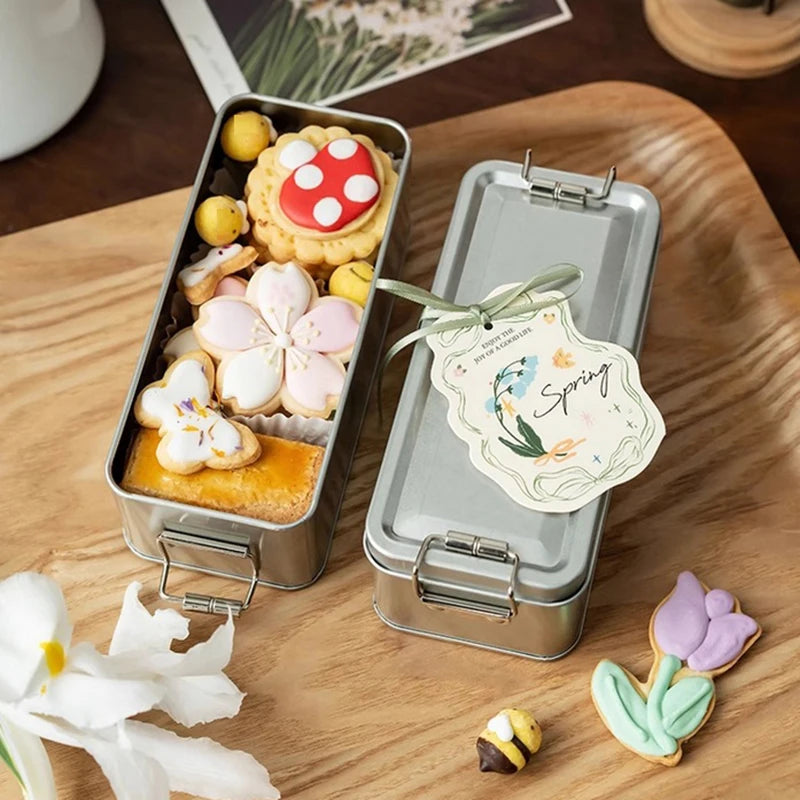 Rectangular Tinplate Cookie Tins Box Lid Dustproof Home Kitchen Qme