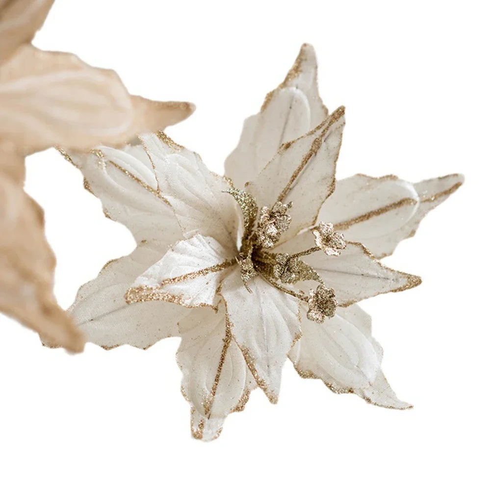 1pc Glitter Artificial Christmas Poinsettia Flowers Xmas Tree Decorations Home Fake Flowers Christmas Ornaments New Year 2024 Qme Champagne