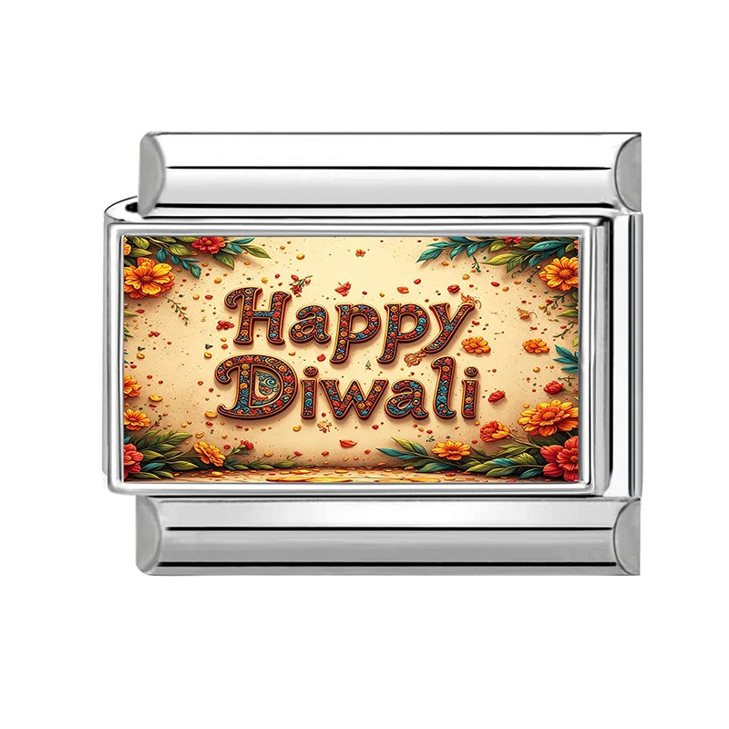 Happy Diwali Light up the Lights Italian Charm Links Fit 9mm Stainless Steel Men Women Y2K Bracelet DIY Making Jewelry Gifts Qme Style 1