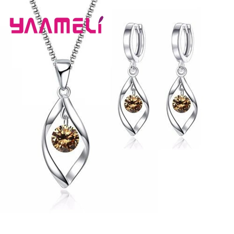 CZ Necklace Earring Bridal Jewelry Sets Wholesale S925 Sterling Silver Color Shining Cubic Zircon Water Drop Wedding Engagement Qme Champagne