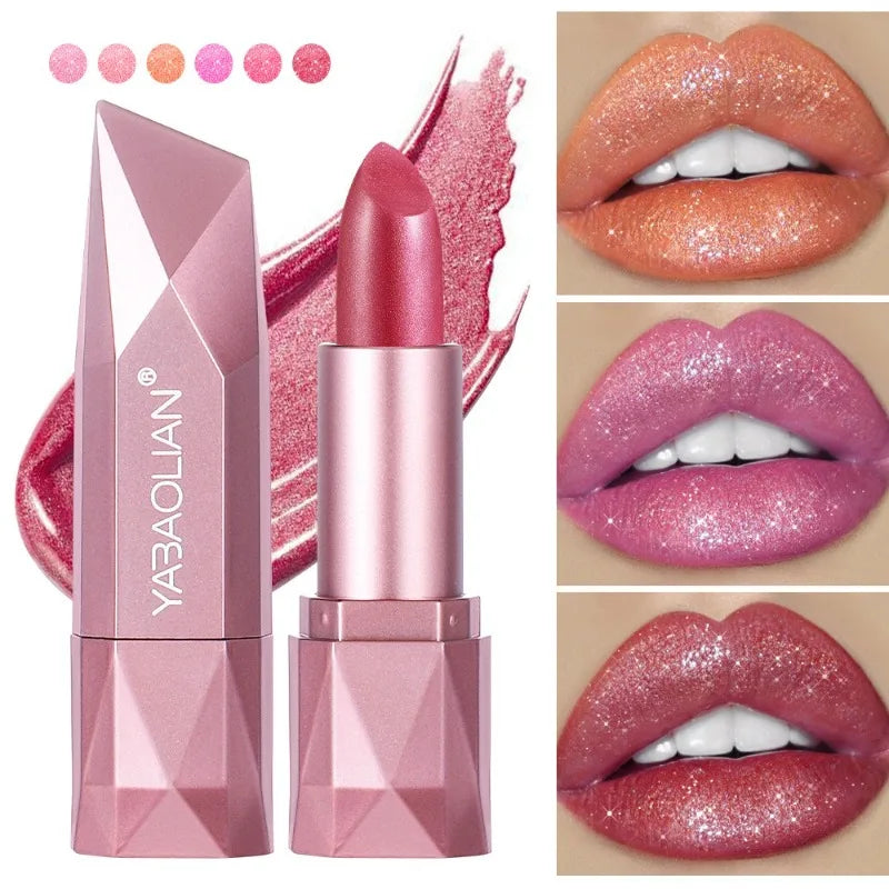 Diamond Shine Lipstick, Pearlescent Golden Lipstick with Fine Glitter, High Gloss Hydrating Long Lasting & Non-Drying Lip Makeup Qme