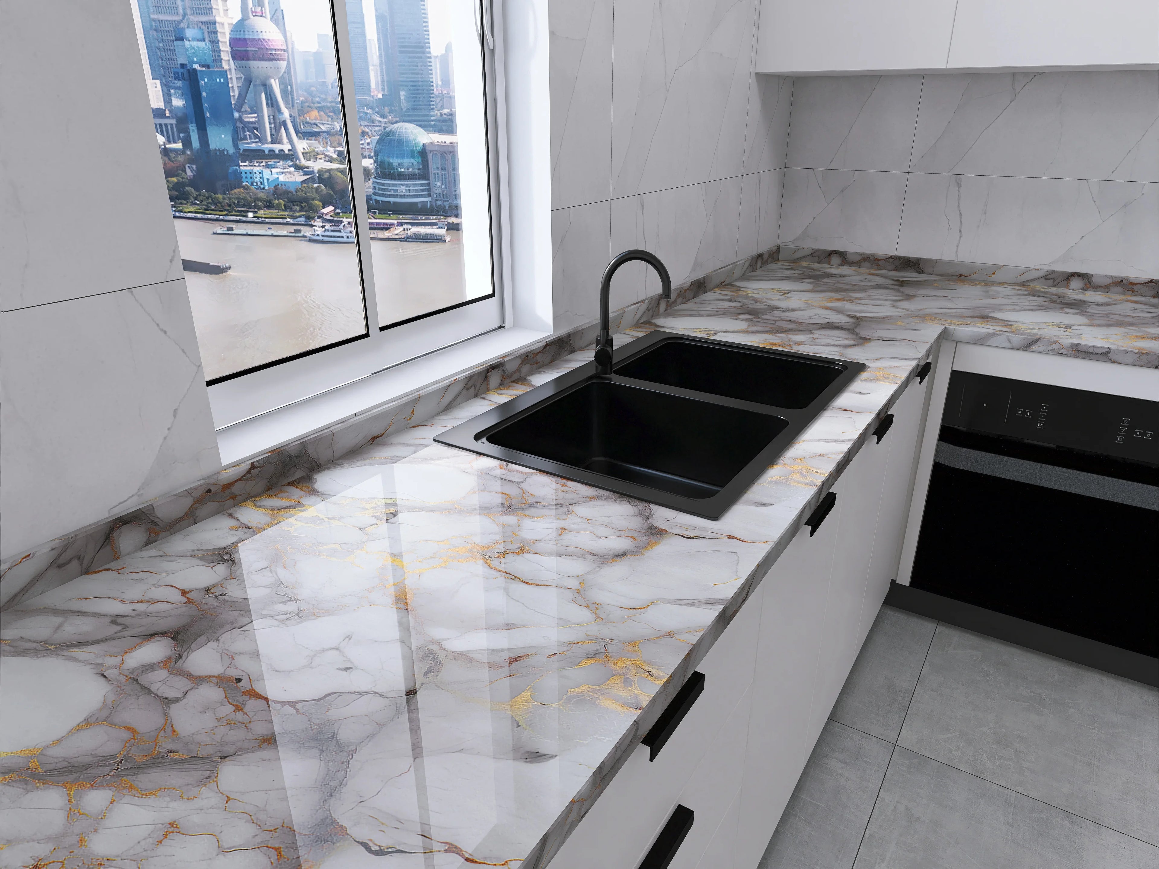 40cm Marble Kitchen Oil-proof Stickers Self-Adhesive Waterproof Cabinet Stove Countertop Wallpaper Desktop Bathroom Renovate Qme