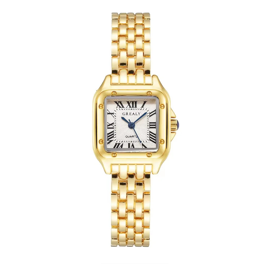 2023 Luxury Women's Fashion Square Watches Gold Alloy Strap Ladies Quartz Wristwatches Qualities Female Roman Scale Clock Qme Gold