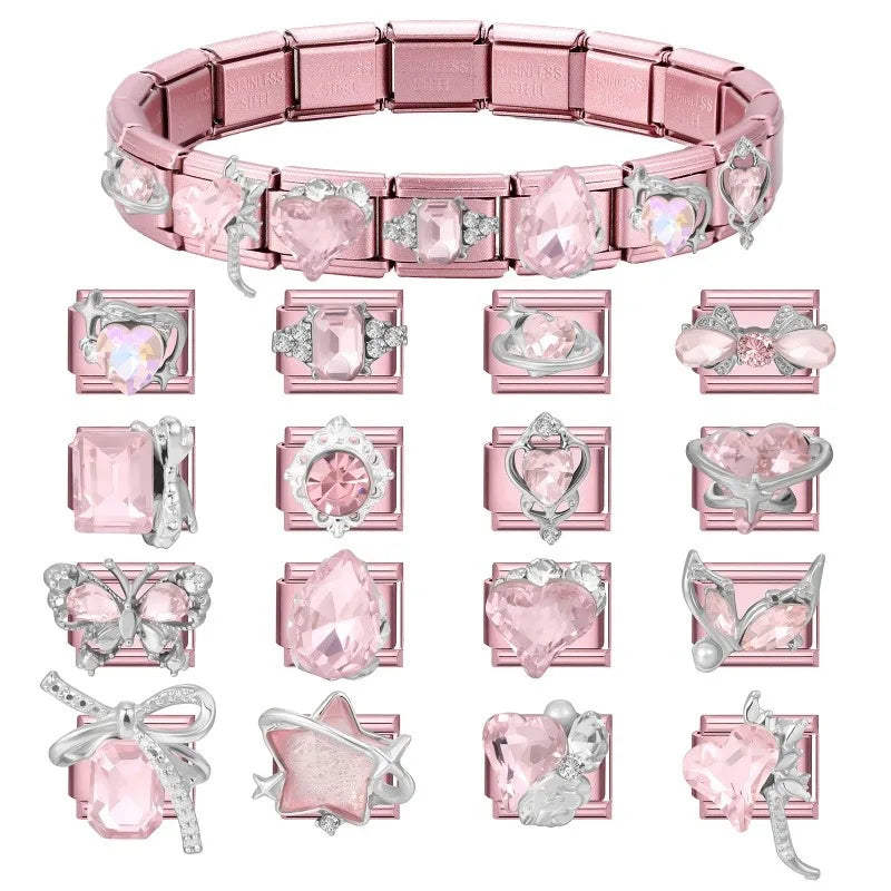 Wholeasle Shiny Round Zircon Bow Beautiful Stars Italian Charm Links Fit 9mm Stainless Steel Bracelet Women Jewelry DIY Making Qme