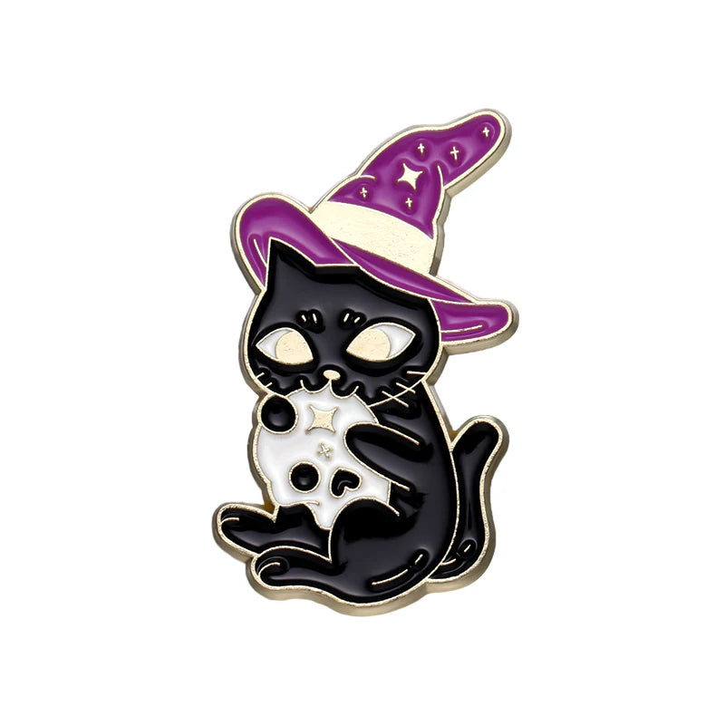 Witch Enamel Pin Punk Black White Cat Brooch Magic Hat Badge Book Wings Lapel Animal Goth Purple Crystal Jewelry Gift Wholesale Qme style 1