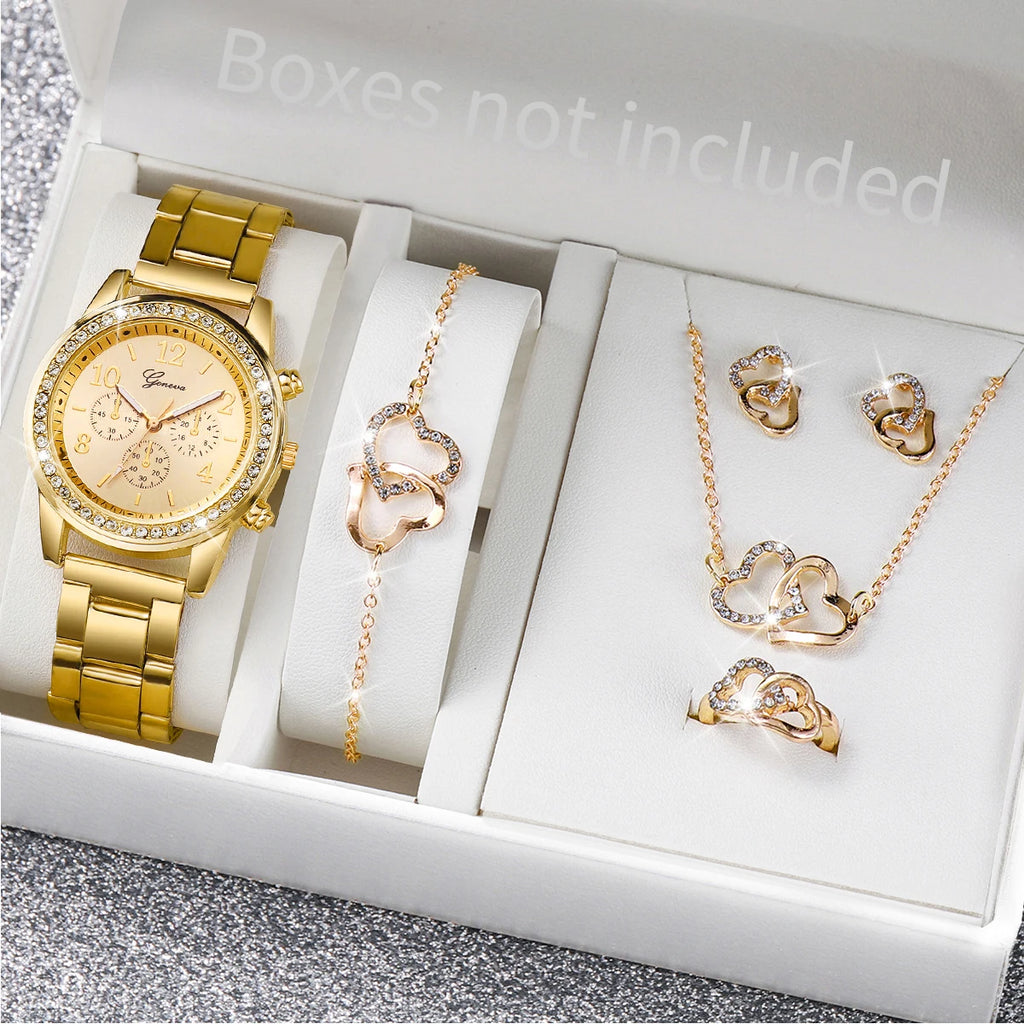 6PCS/Women's Watch Fashion Diamond Steel Strap Quartz Watch Double Heart Jewelry Set (No Box) Qme Gold No