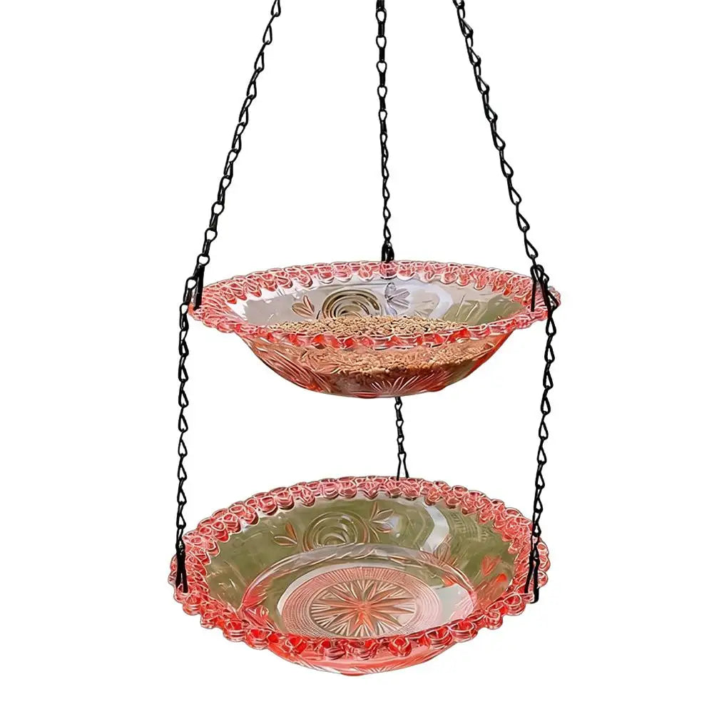Two-layer Hanging Bird Feeder Outdoors Water Bowl Garden Yard Qme Pink