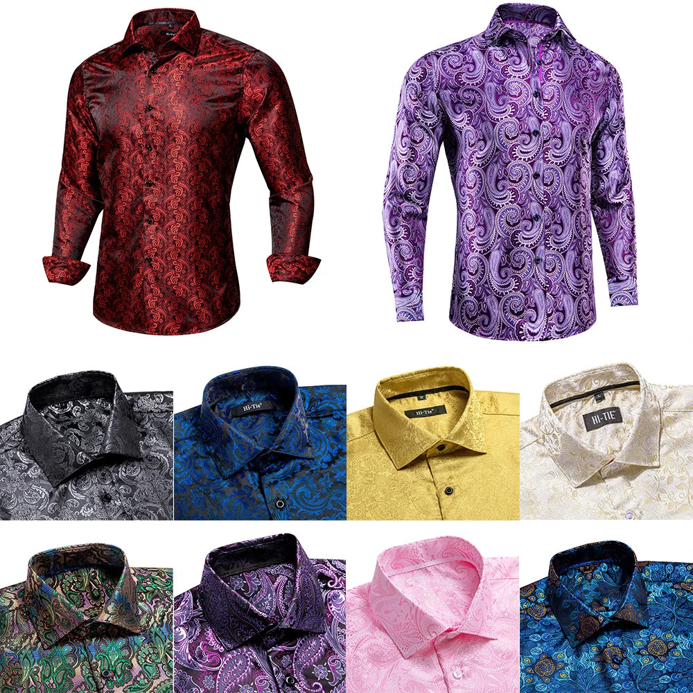 Hi-Tie Spring Autumn Mens Shirts Silk Red Black Paisley Suit Turndown Collar Shirt Casual Formal for Male Wedding Business Gifts Qme
