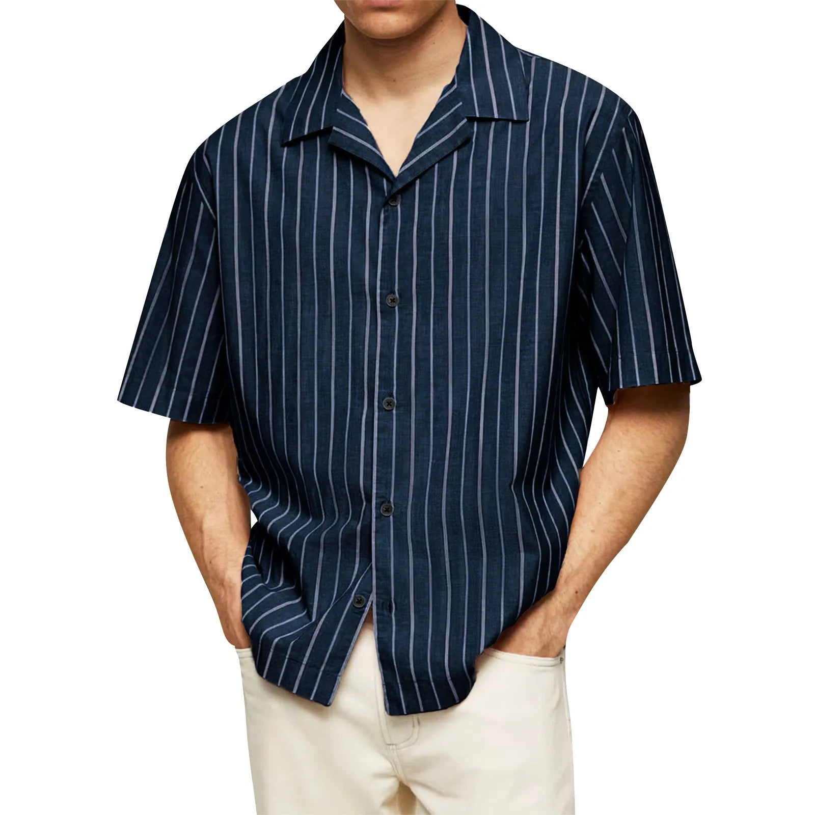 Male Fashionable Stripped Patchwork Retro Business And Daily Half Sleeved Summer Cardigan With Buttons Basics And Versatile Qme Navy XL