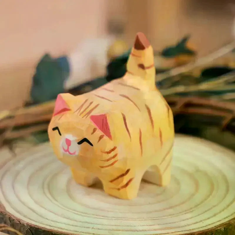 Cute Cat Figurine Decorative Wooden Ornament Miniature Kitten Home Bedroom Office Desk Decoration Gift Statue Qme