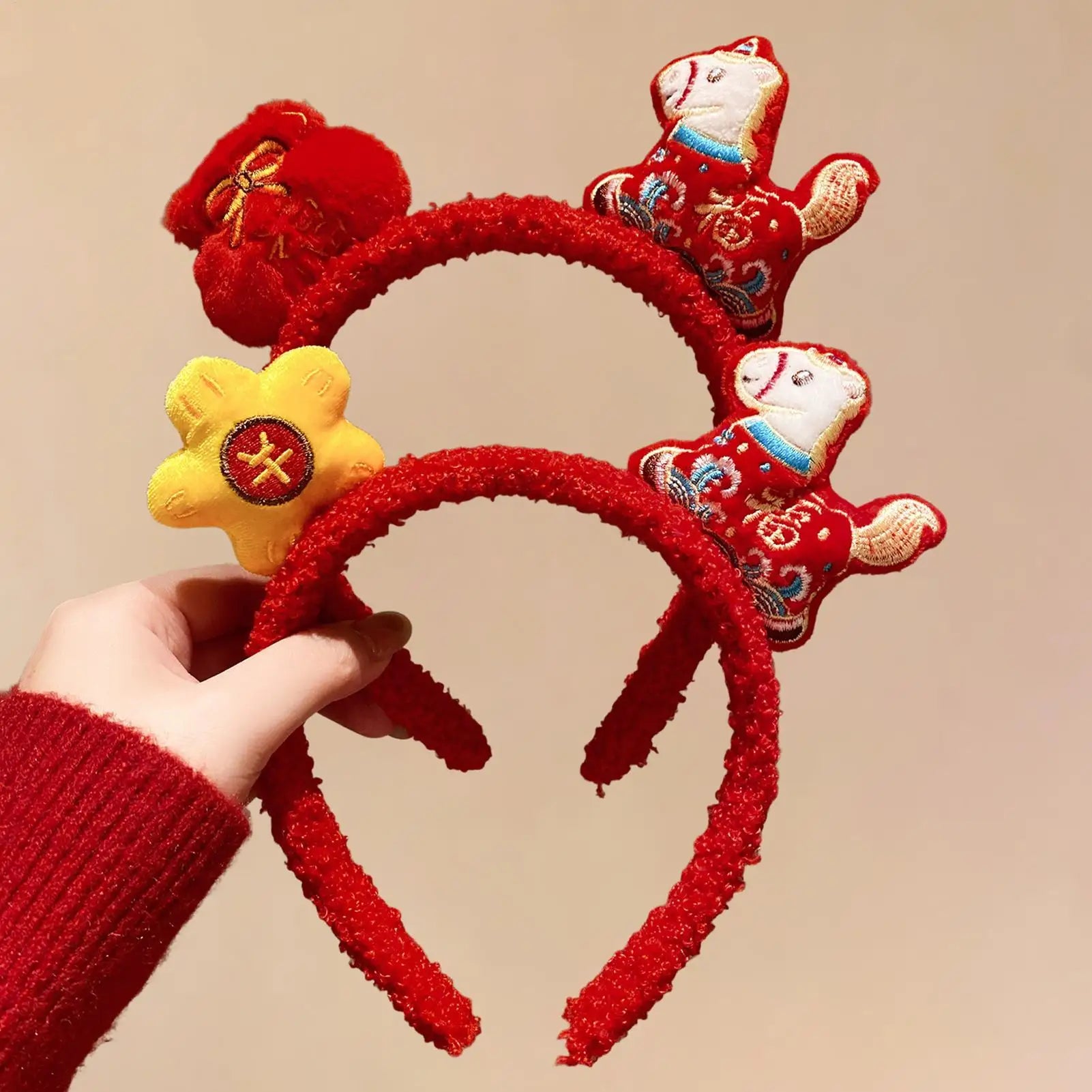 Funny Cartoon Horse Headband New Year Headband Plush Pony Mascot Hair Hoop Plush Fortune Hairband Spring Festival Headband Qme
