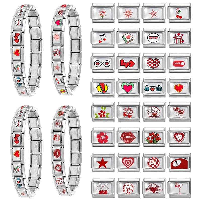 New Y2K Red Series Colorful Love Heart Gift Sun Star Italian Charm Link fit 9mm Stainless Steel Jewelry DIY Making Bracelet Gift Qme