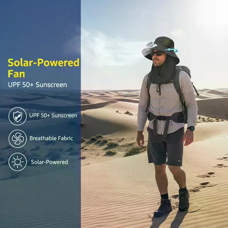 Men Fan Hat Solar Panel Wide-brimmed Shawl Fishing USB Charging Qme