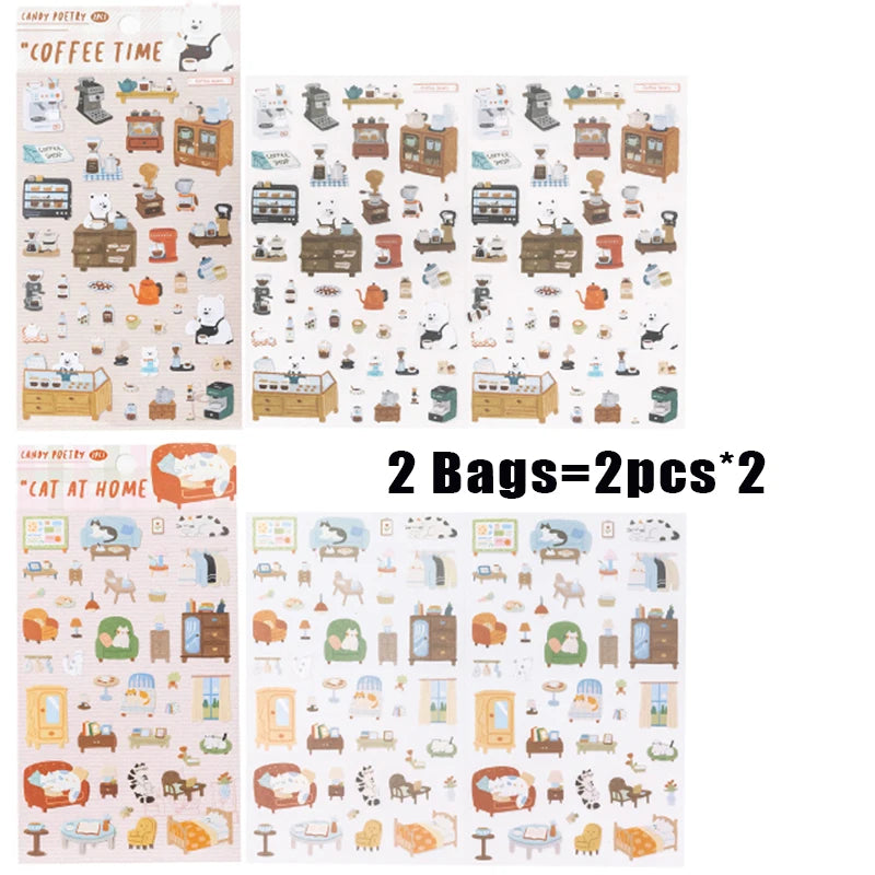 Cute Pet & Coffee Themed Decor Stickers, Healing Stationery Gifts, Perfect for Junk Journal, Bottle & Phone Case Decoration Qme 2 bags-A