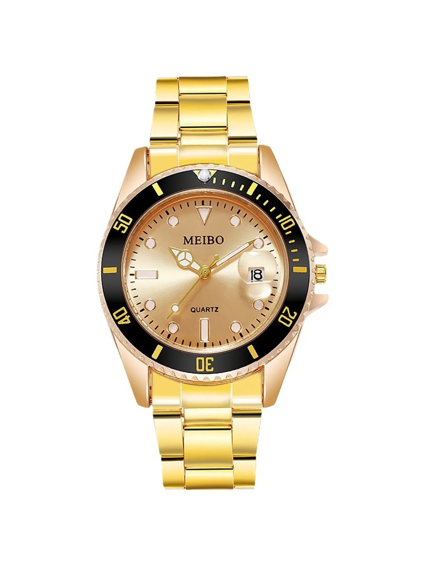 1 pcs of steel strip men's watch quartz watch fashion alloy men's watch gold and 1 pcs of crown bracelet Qme
