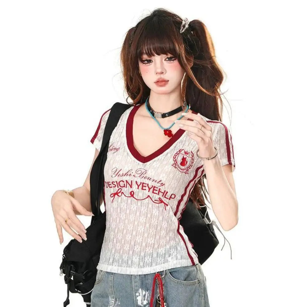 Micro Transparent V-neck T-shirt Short Sleeved Slim Fit Letter Qme