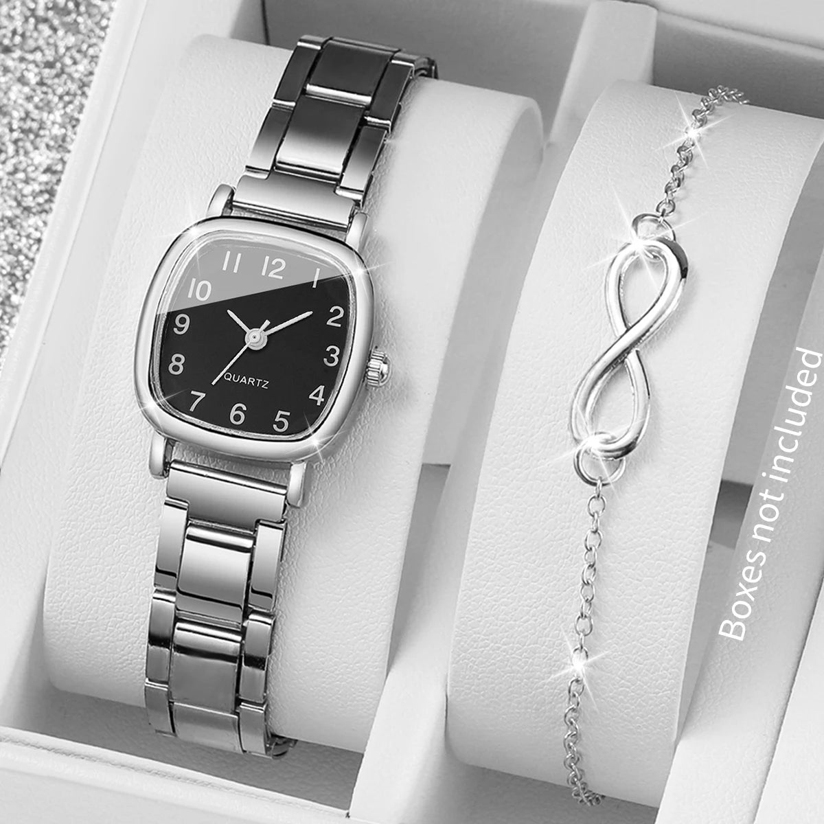 2PCS Fashion Square Arabic Dial Women Quartz Wristwatch Ladies Alloy Strap Watch With Bracelet Reloj Mujer (Without Box) Qme 2PCS Set Without Box