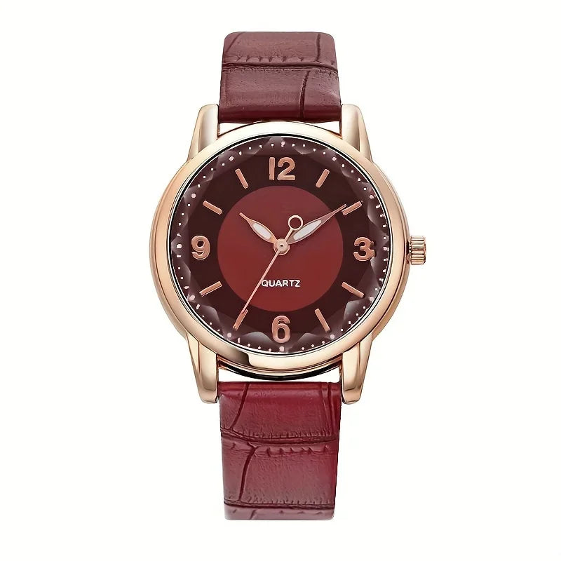 Casual Round Pointer Quartz Watch Ladies Fashion Analog PU Leather Wristwatch For Women Girls Students Qme Wine Red No