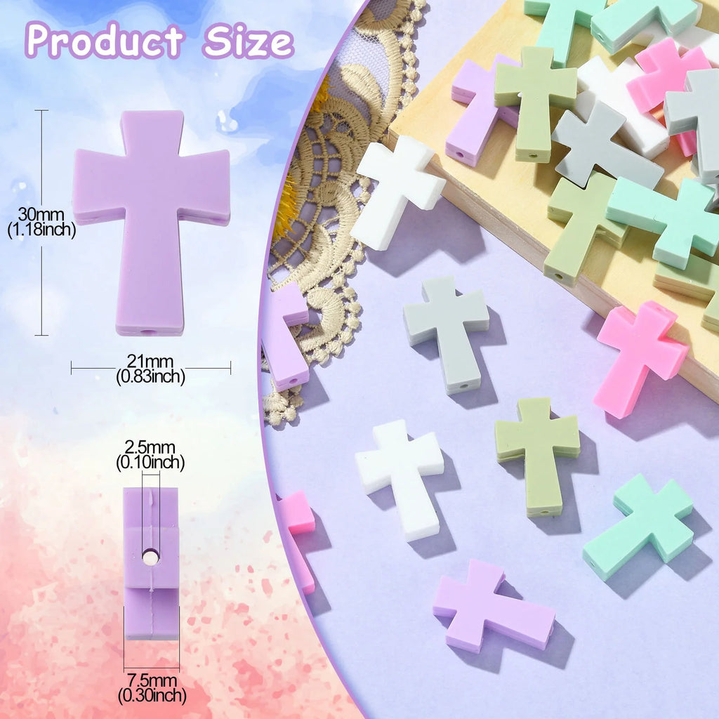 Pandahall 30Pcs 6 Colors Easter Cross Silicone Beads Religion Crucifix Holy Focal Beads for Jewelry Making Supplies Qme
