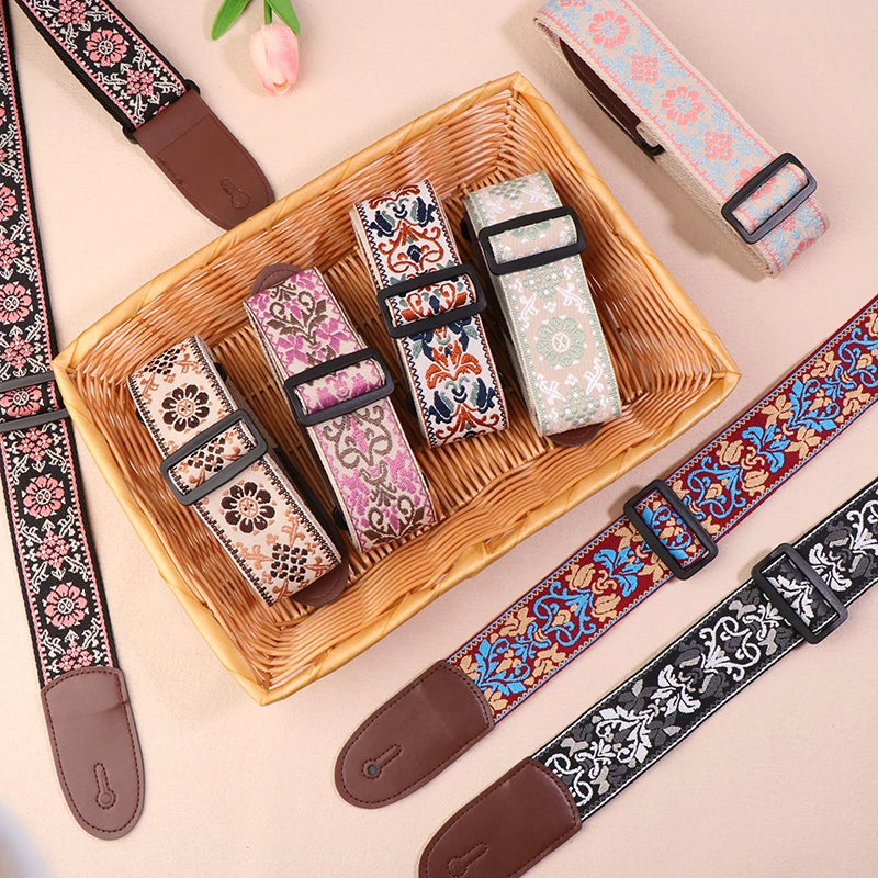 Guitar Strap Bass Cotton Leather Embroidery Straps Adjustable Neck Qme