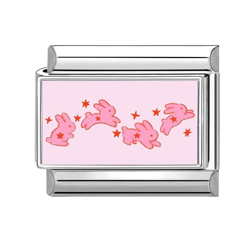 Y2K Plum Blossom Pink Black UFO Cute Flower Cat Italian Charm Link Fit 9mm Stainless Steel Module Women's Bracelet MakingJewelry Qme S 9
