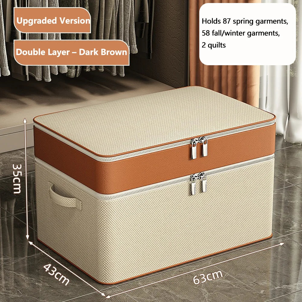 PU Double-Layer Storage Box for Clothes & Quilts, Large Capacity Wardrobe Layered Organizer for Seasonal Items & Bedding Qme XL