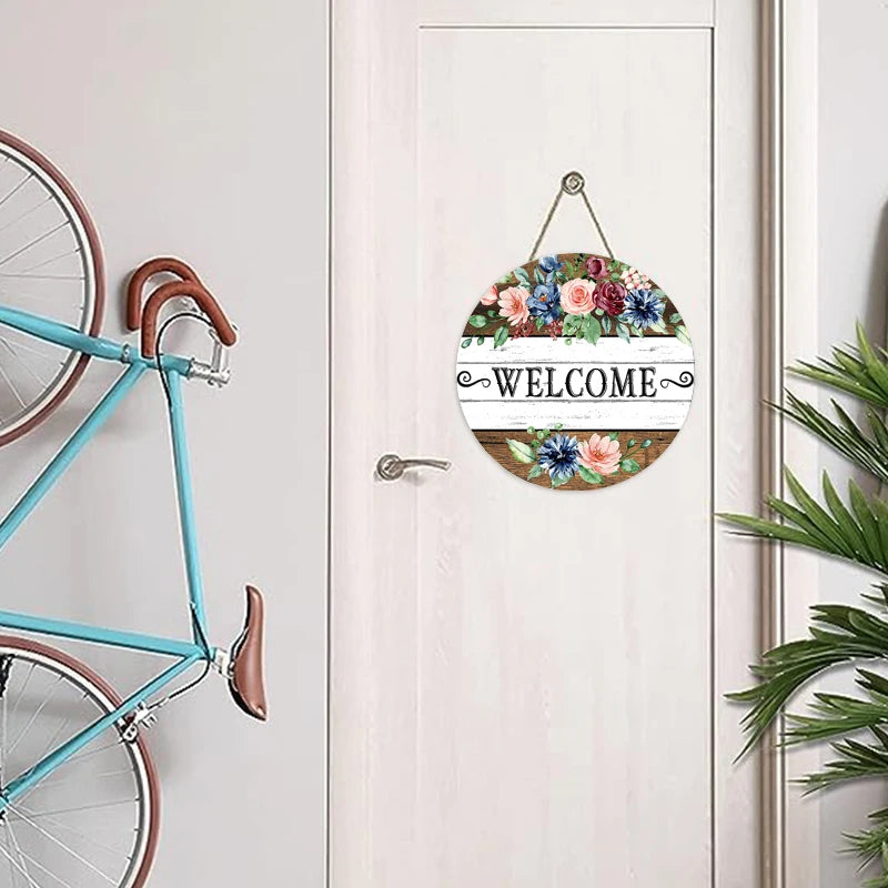Rustic Flower Welcome Wall Hanging Decor Round Wood Art Plaques Sign Door Sign for Spring Home Living Room Decor Qme