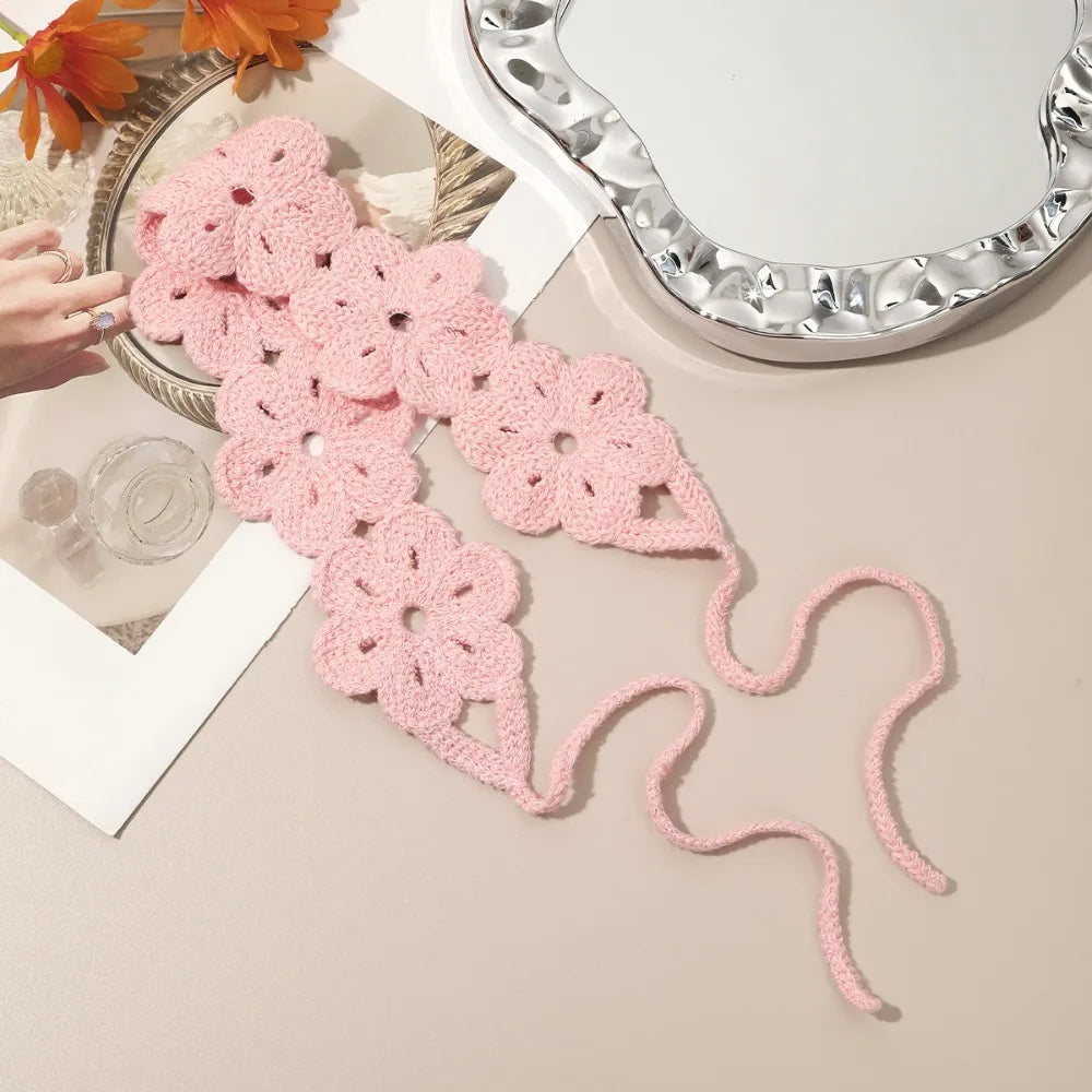 Cute French Knitted Headband Floral Retro Crochet Flower Hair Band Qme Pink