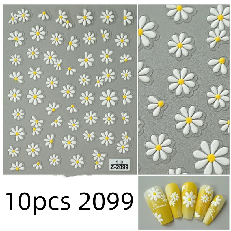 5D Flower Daisy Embossed Stickers Nail Sliders Decals Daisy White Florals Petals Flowers Back Glue Nail Sticker Decoration Qme 10pcs 2099