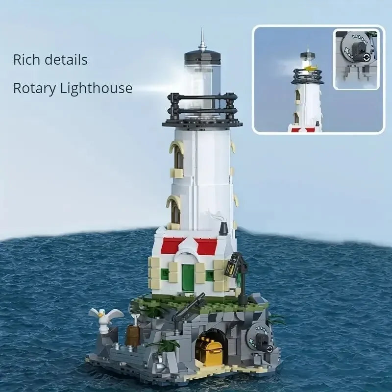 Sea Island Electric Lighthouse Building Blocks Fisherman's Hut Glowing Lighthouse Assembly Model Bricks Desktop Ornaments Gifts Qme