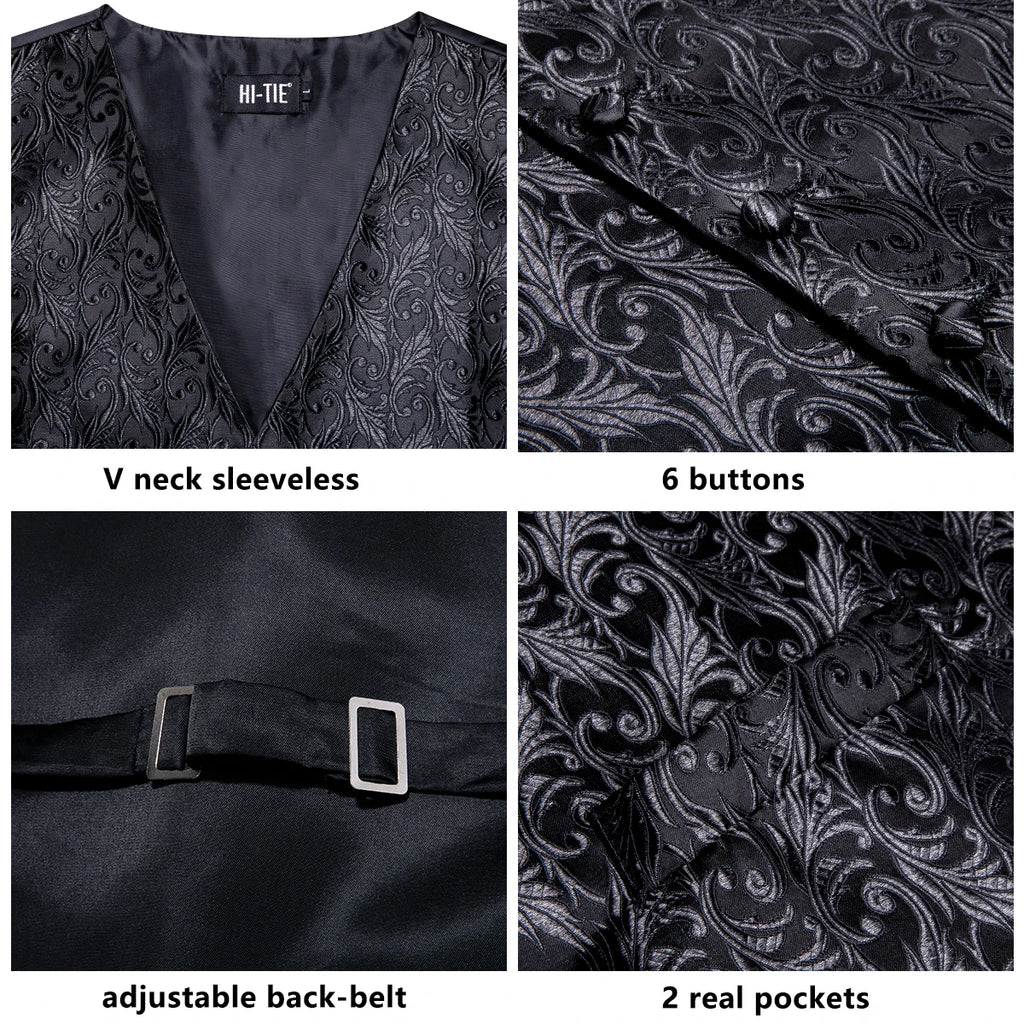 Hi-tie Black Men Vest Paisley Jacquard Necktie Hankerchief Cufflinks Qme