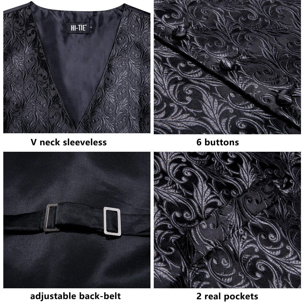Hi-tie Black Men Vest Paisley Jacquard Necktie Hankerchief Cufflinks Qme