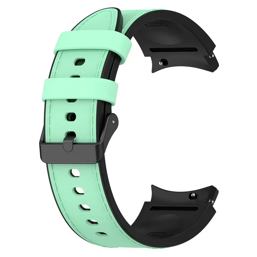Silicone+Leather Strap For Samsung Galaxy Watch 7 6 4/5 Pro 40mm 44mm Band 6 4 Classic 47 43mm 46mm Replacement Correa Bracelet Qme Green Black Galaxy Watch 4 40mm