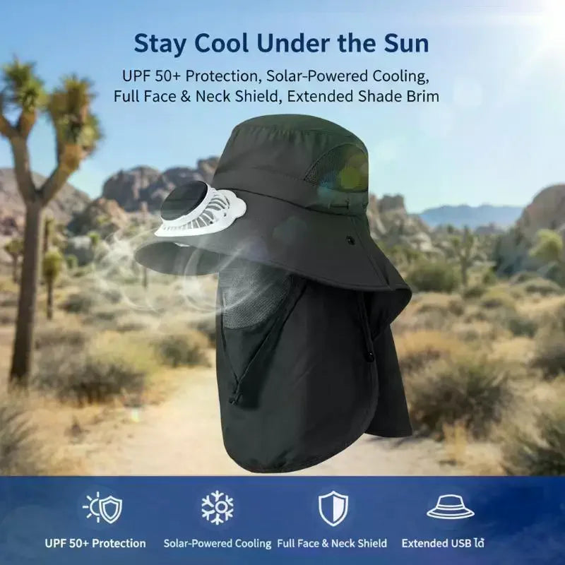 Men Fan Hat Solar Panel Wide-brimmed Shawl Fishing USB Charging Qme