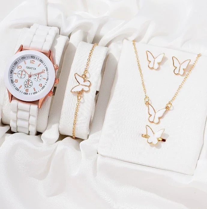 6PCS Women's Watch Fashion Silicone Band Quartz Watches Pearls Heart Jewelry Set（Without Box） Qme Boxes not included 1