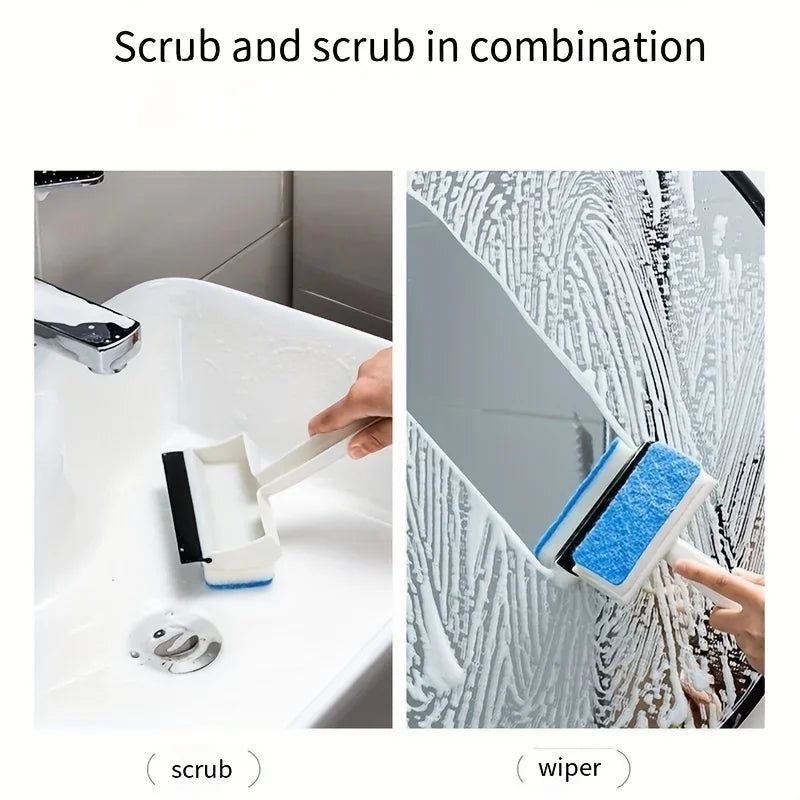 2-in-1 Bathroom Cleaning Brush Double-Sided Glass Scraper, Mirror Wiper, Multi-Functional Tile and Wall Cleaner, No Power Needed Qme