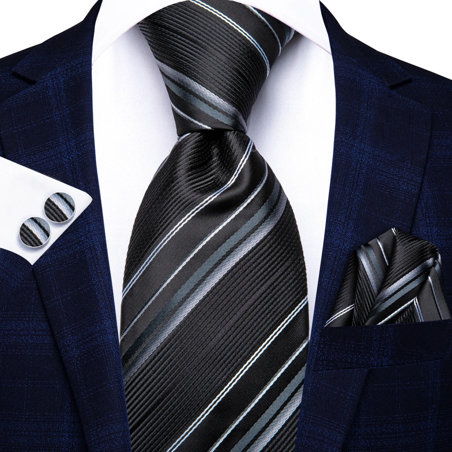 Black Green Striped Ties Men Wedding Accessories Mens Necktie Pocket Qme