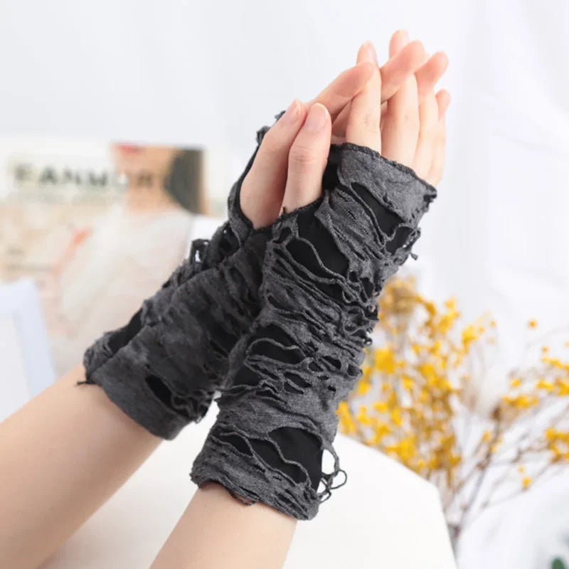 1Pair Broken Slit Gloves Punk Gothic Black Fingerless Unisex Hole Qme