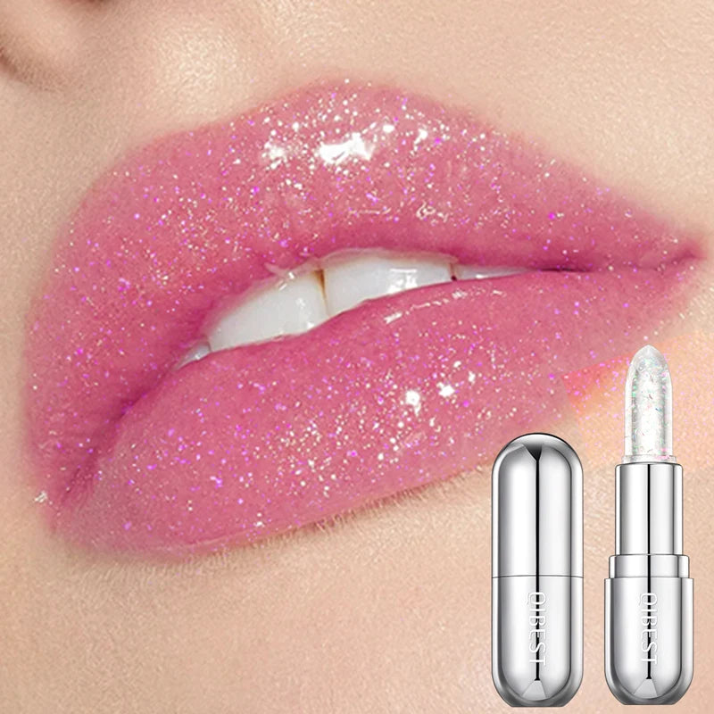 QIBEST Glitter Lipstick Moisturizing Lip Balm Color Change Lipstick Transparent Crystal Jelly Pearlescent Lip Stain Tint Makeup Qme 02