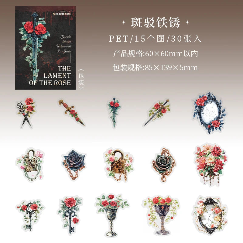 30 Sheets/Bag Dark Gothic Horror Rose Themed PET Sticker Pack for DIY Scrapbook Phone Case Notebook Decoration Craft Qme 1