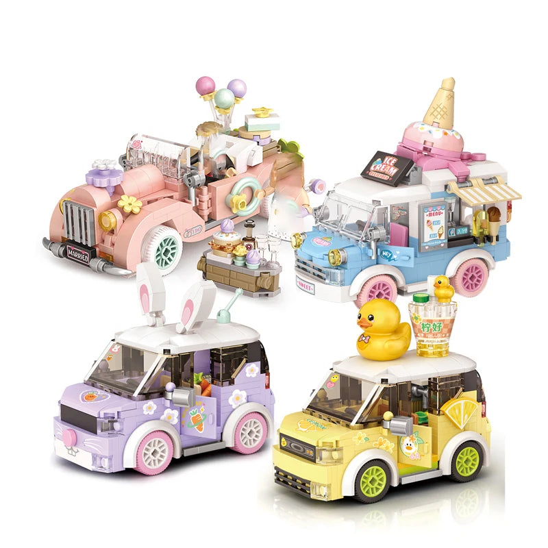 Mini Blocks City Series Street View Cartoon Rabbit Duck FOOD Truck Fruit/Icecream Shop Car Assemble DIY Toys Children Boys Gifts Qme
