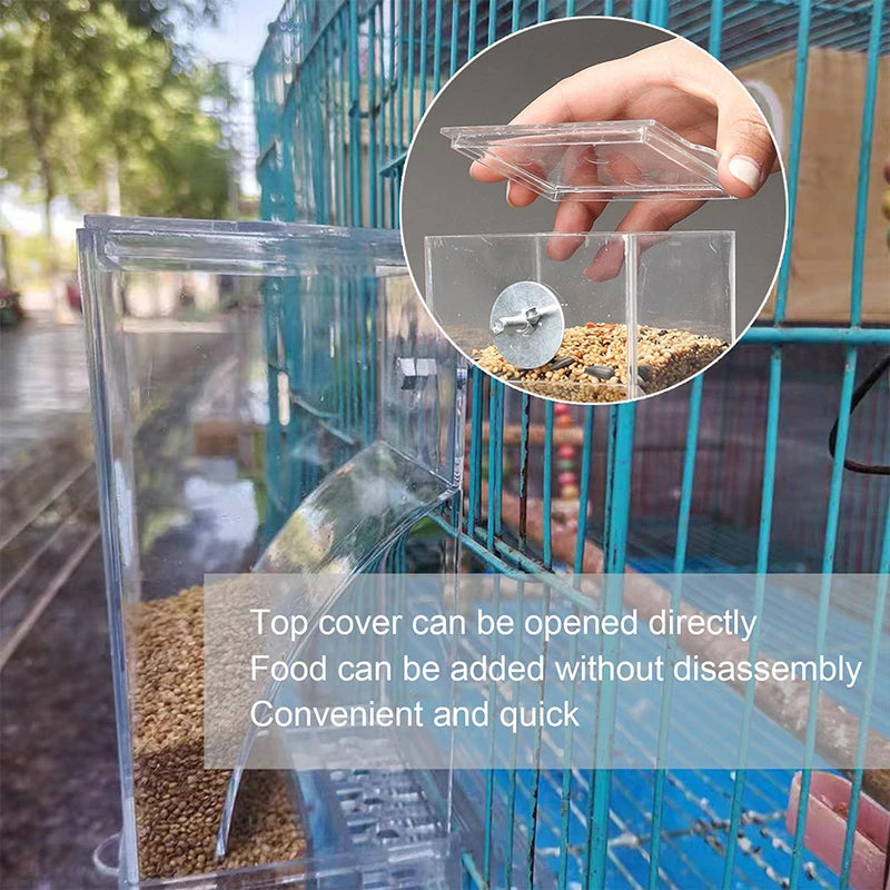 Automatic No Mess Bird Cage Feeder Acrylic Transparent Parrot Seed Qme