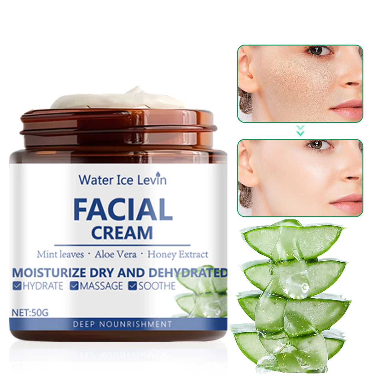 Water Ice Levin Hydra-Lock Facial Cream | Aloe/Honey/Mini Leaves | Deep Nourishment for Dry Skin, Pore Refiner & Moisture Boost Qme