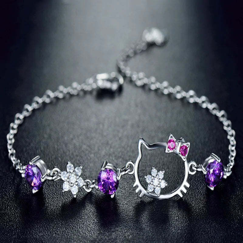 Cartoon Cat Zircon Silver Bracelet Girlfriend Female Children's Leisure Party Japanese Style Jewelry Gift Qme