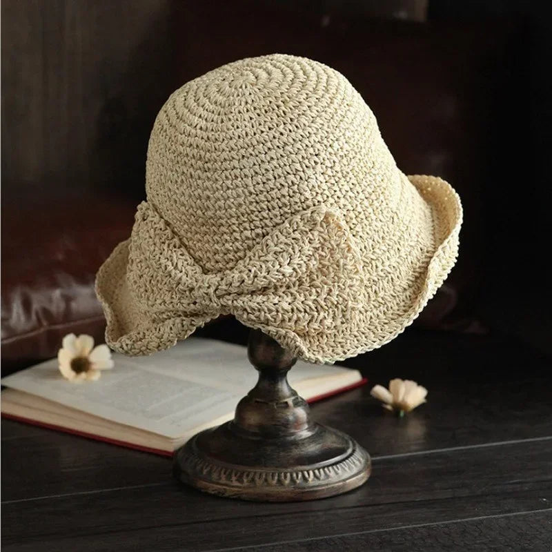 Summer Wide Brim Straw Hat Foldable Fisherman Sun Protection Girls Qme Beige