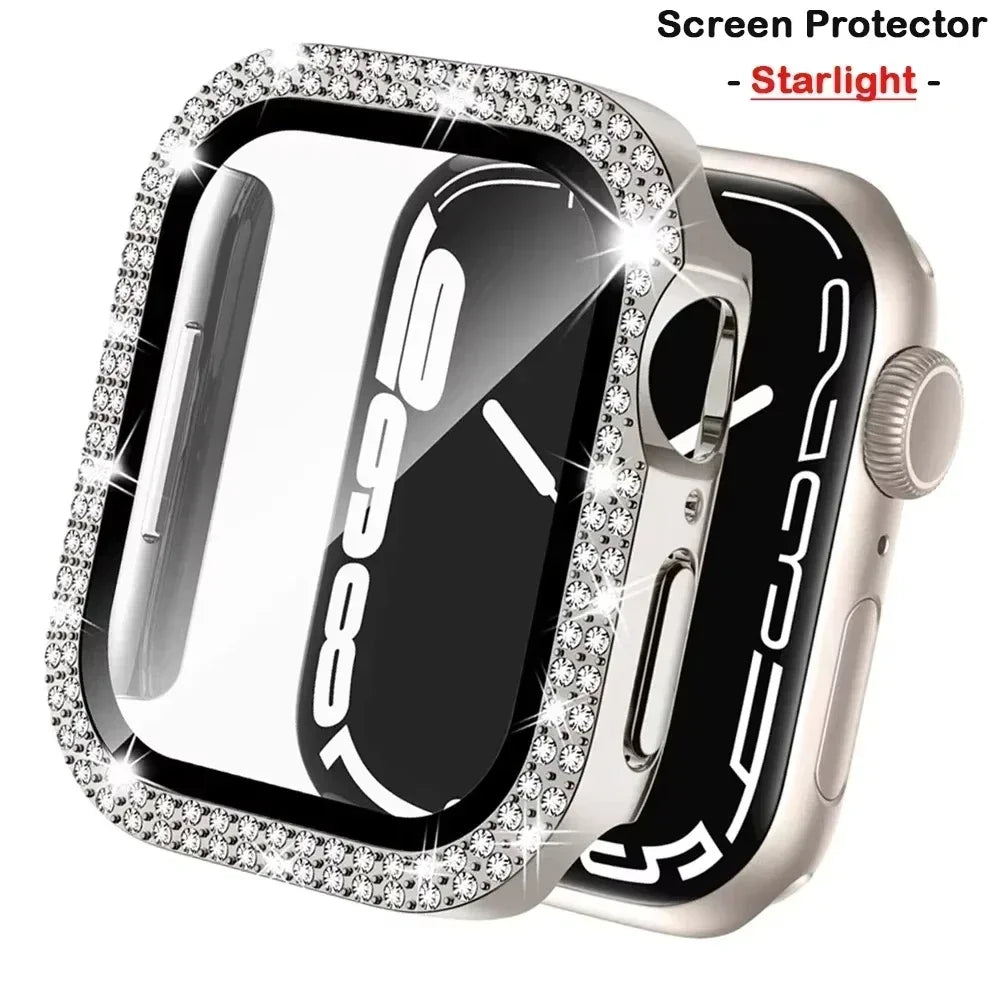 Bling Glass+Cover For Apple Watch 10 46mm 42mm Diamond Hard PC bumper+Screen Protector Case iwatch series 10 42 46mm Accessories Qme