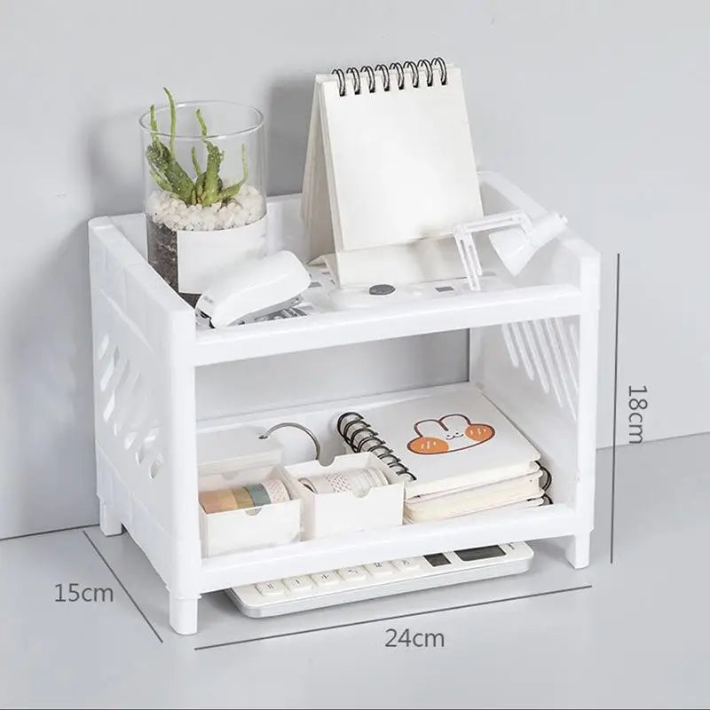 1PC PP Desktop Double Layer Storage Rack Rectangular White Organizing Student Desk Office Cosmetics Stationery Qme