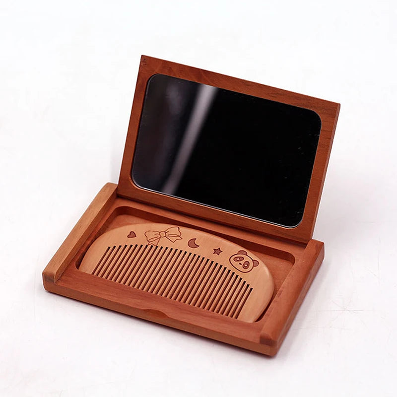 Girl Lady Durable 1 Wooden Comb Mirror Mini Vintage Makeup Peachwood Qme A