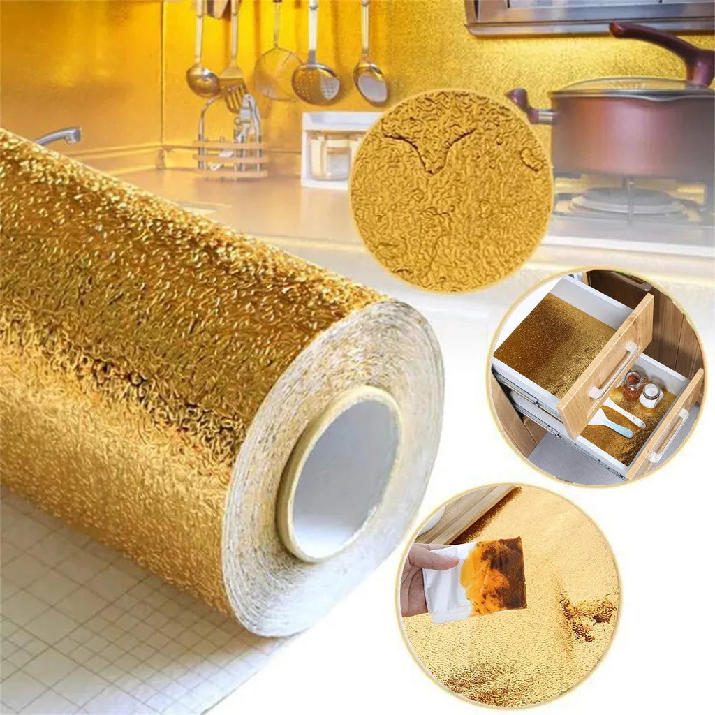DIY Waterproof Oil Proof Aluminum Foil Self Adhesive Wall Sticker Gold Shiny High Aesthetic Utility Kitchen Stickers Qme